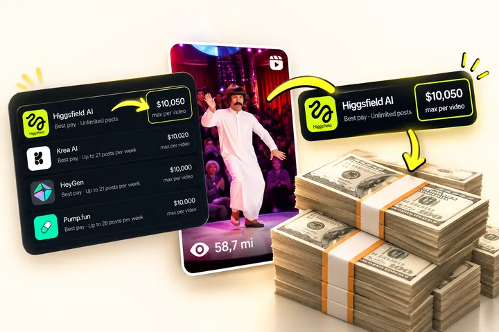 Platforms that pay per video, with Higgsfield AI paying up to $10,050 per video, a reel with 58.7 million views and stacks of dollars