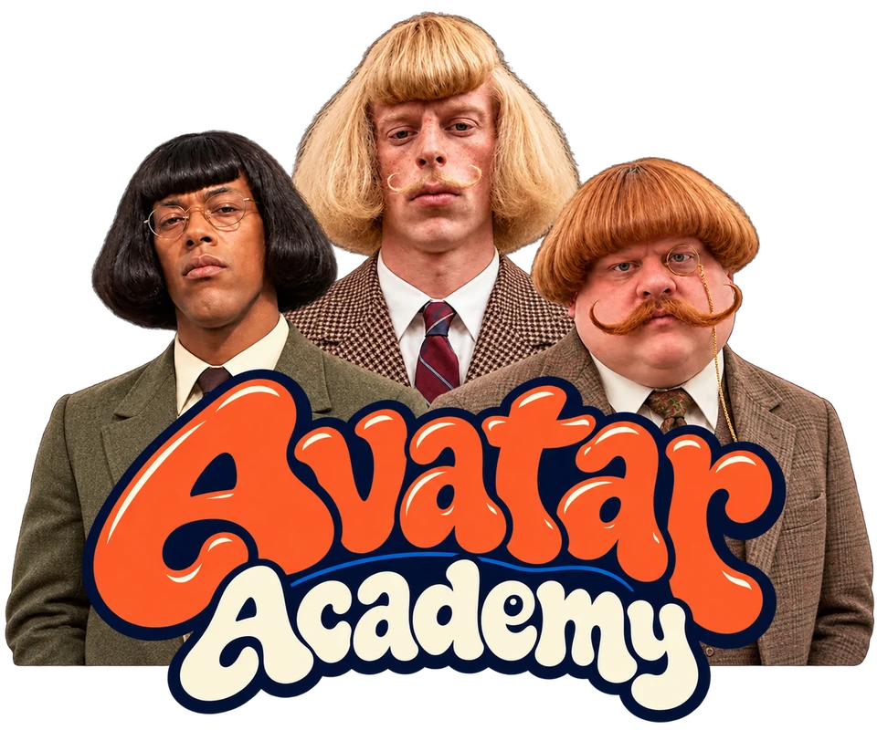 Avatar Academy logo with three AI characters